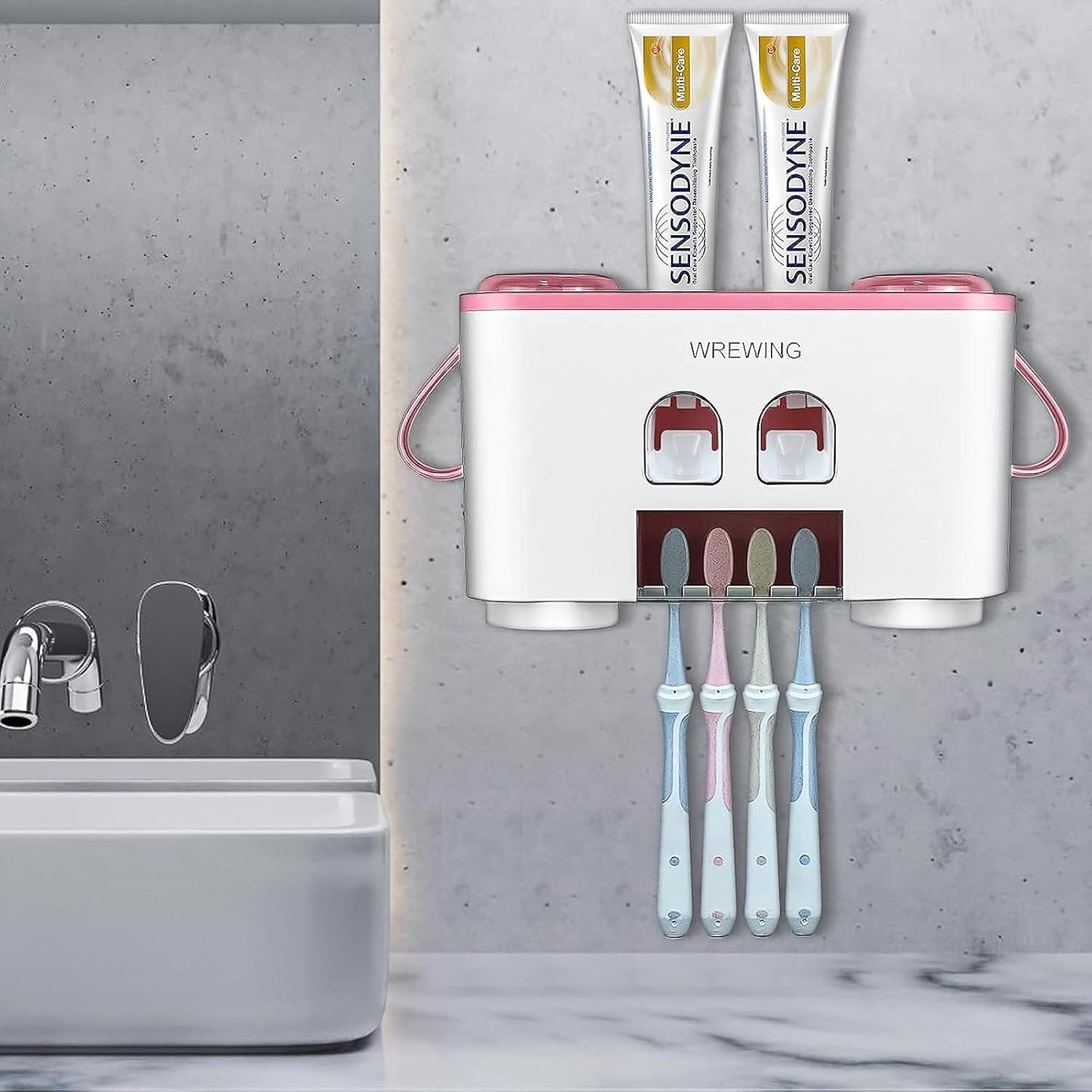 WREWING Toothbrush Holder with 4 Slots and 2 Squeezers Pink