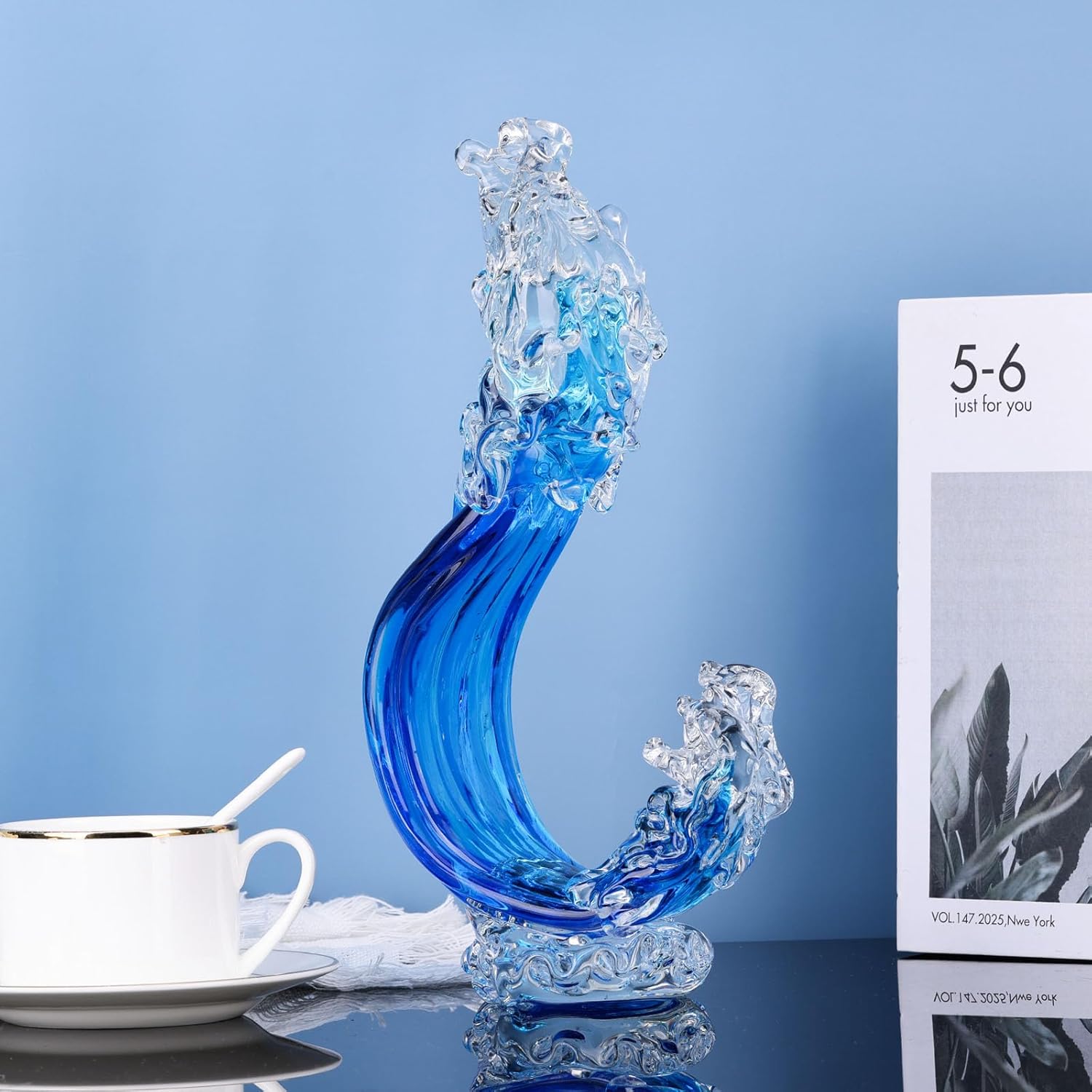 Blue Hand Blown Glass Ocean Wave Statue