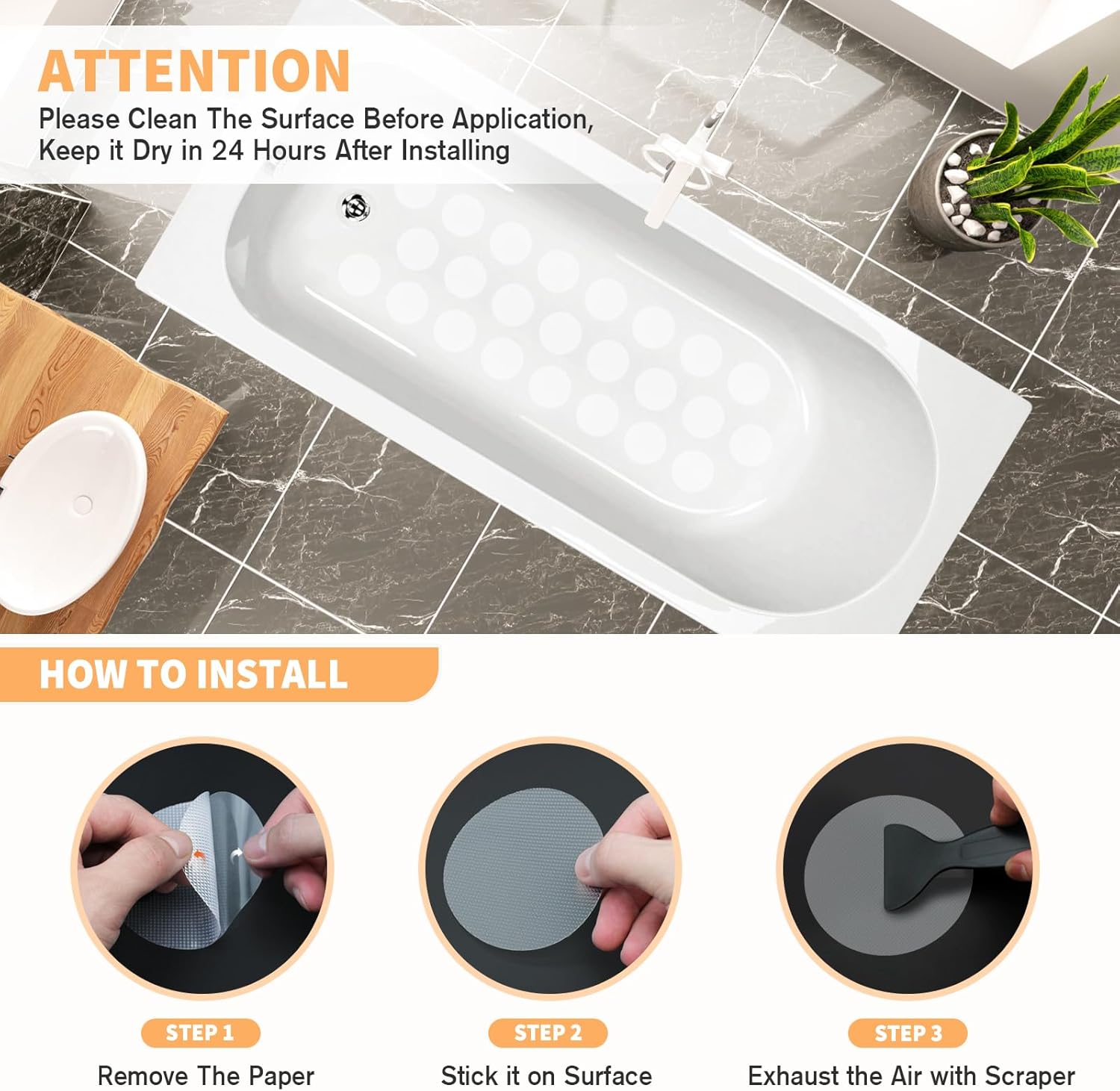 Non-Slip Bathtub Stickers 24 PCS with Scraper for Safety