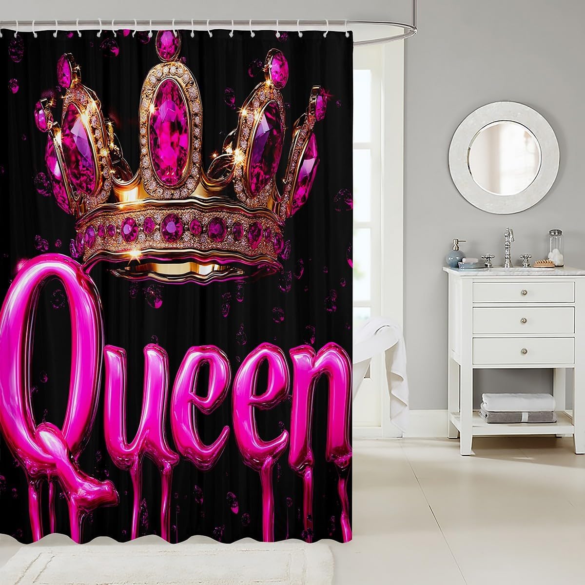 Pink Princess Crown 3D Glitter Shower Curtain Set