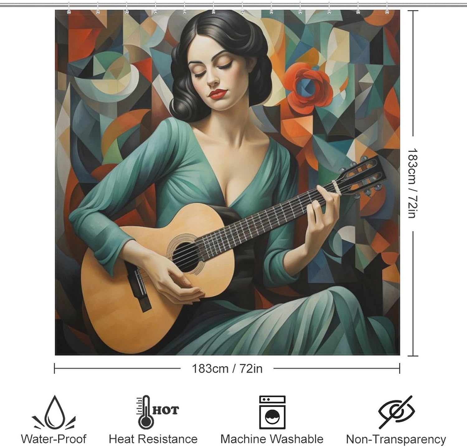Guitar Girl Bohemian Shower Curtain Set with 12 Hooks 72x72in