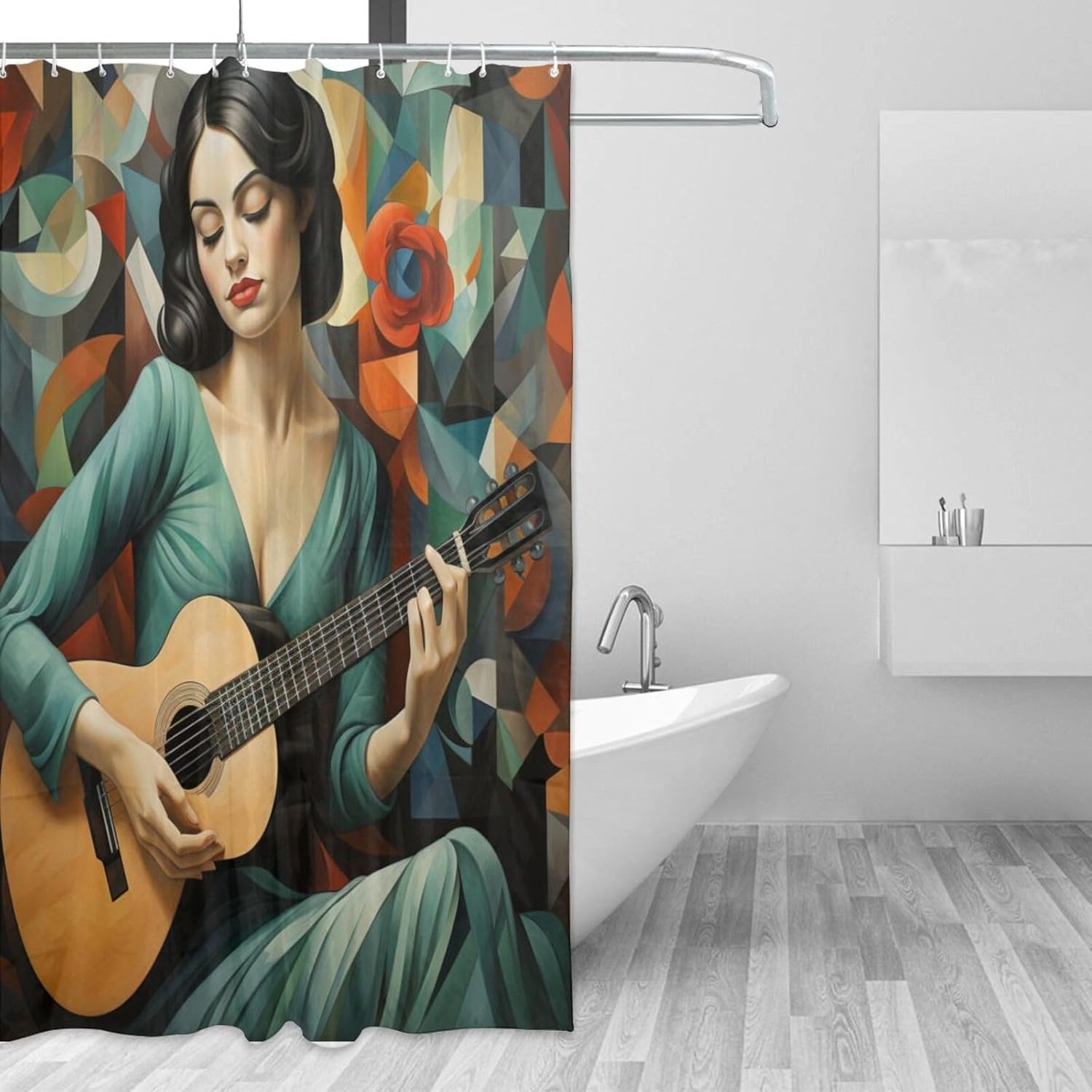 Guitar Girl Bohemian Shower Curtain Set with 12 Hooks 72x72in