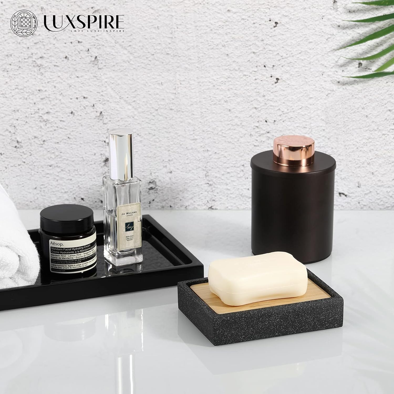 Luxspire Gravel Black Soap Dish with Bamboo Holder