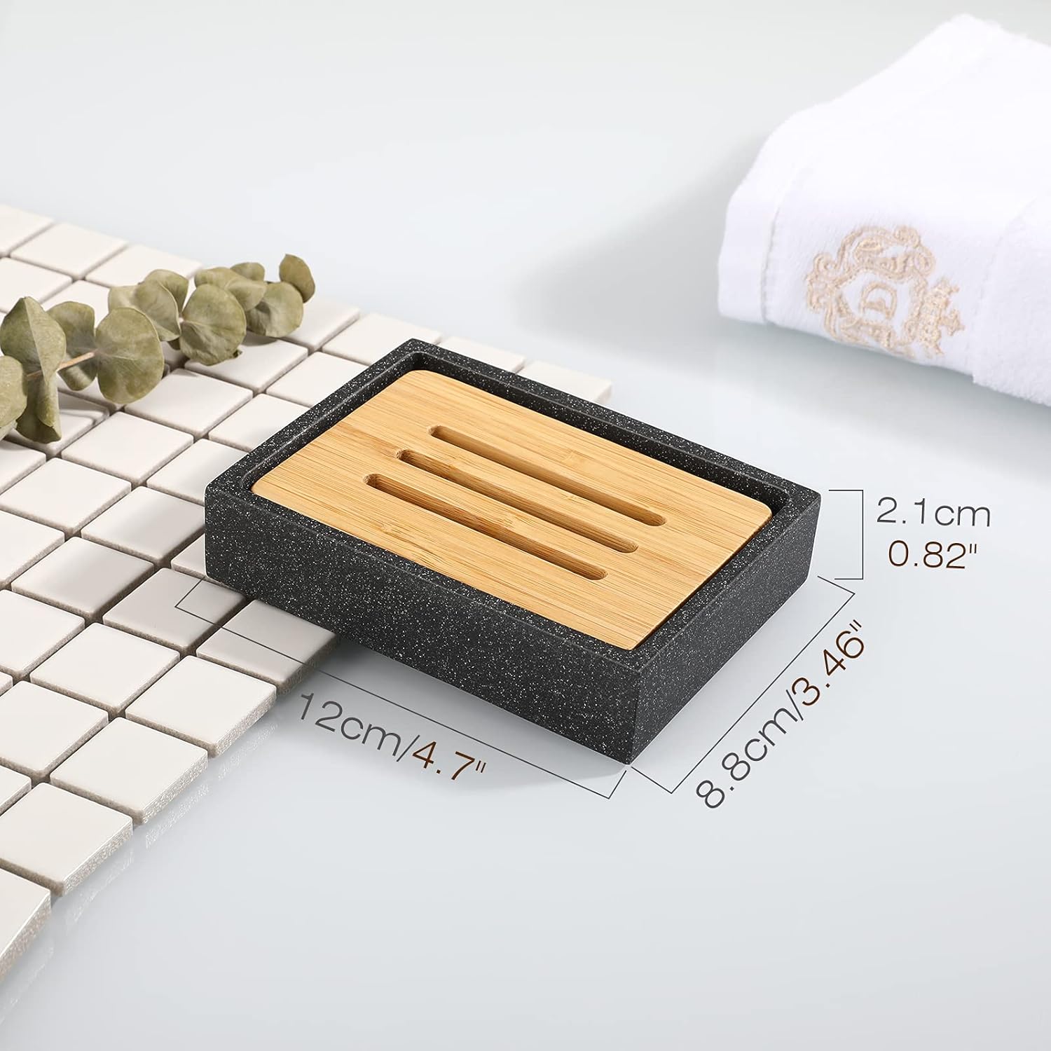 Luxspire Gravel Black Soap Dish with Bamboo Holder