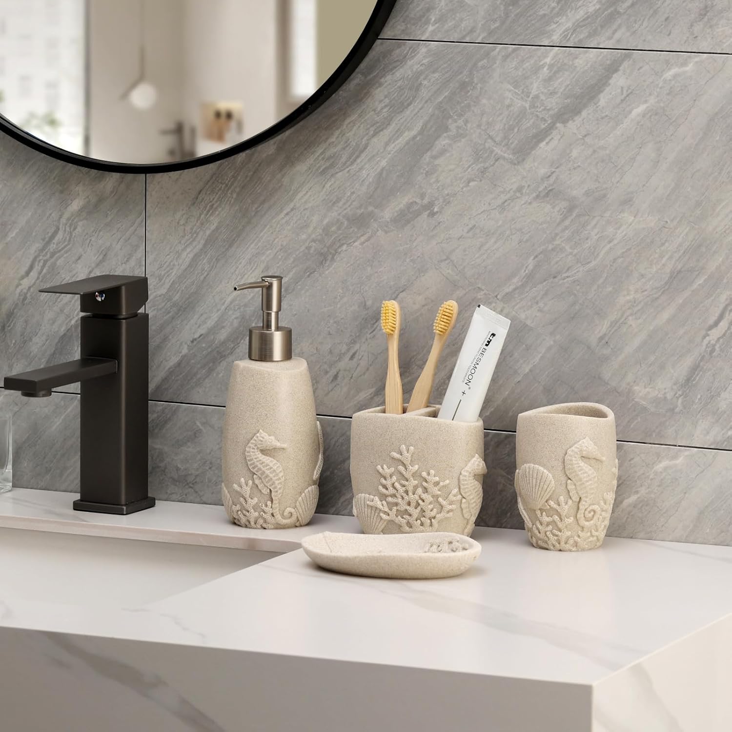Haocoott 4PC Bathroom Accessory Set with Sea Decor Beige