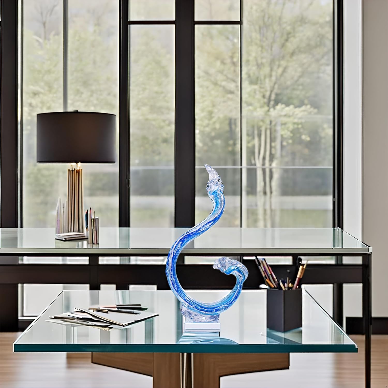 14 Inch Hand Blown Glass Ocean Waves Sculpture with Floating Base