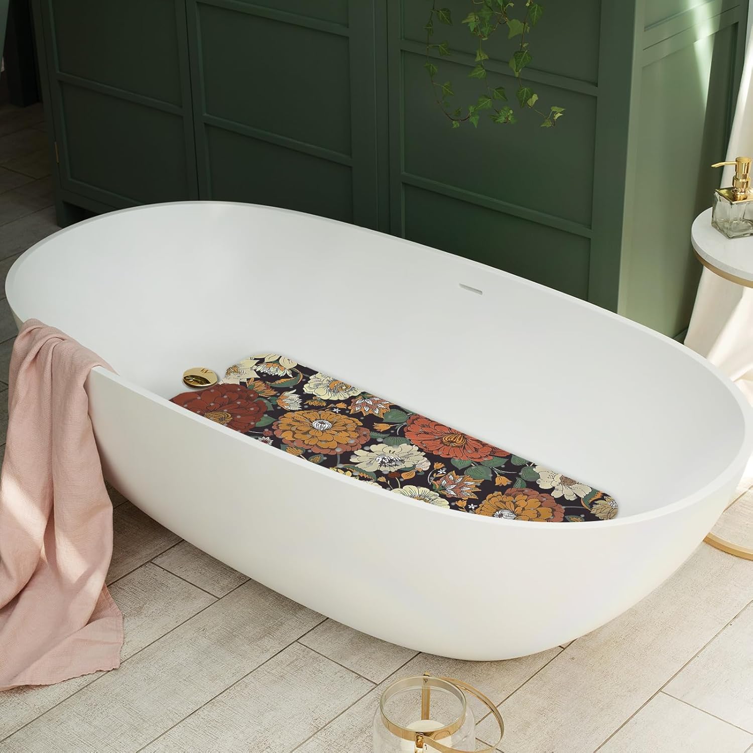Bohemian Flower Bathtub Mat with Suction Cups and Drain Holes
