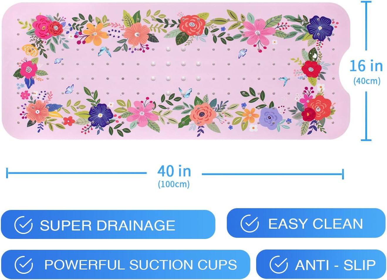 Denifeiya Pink Floral Non Slip Bathtub Mat for Kids