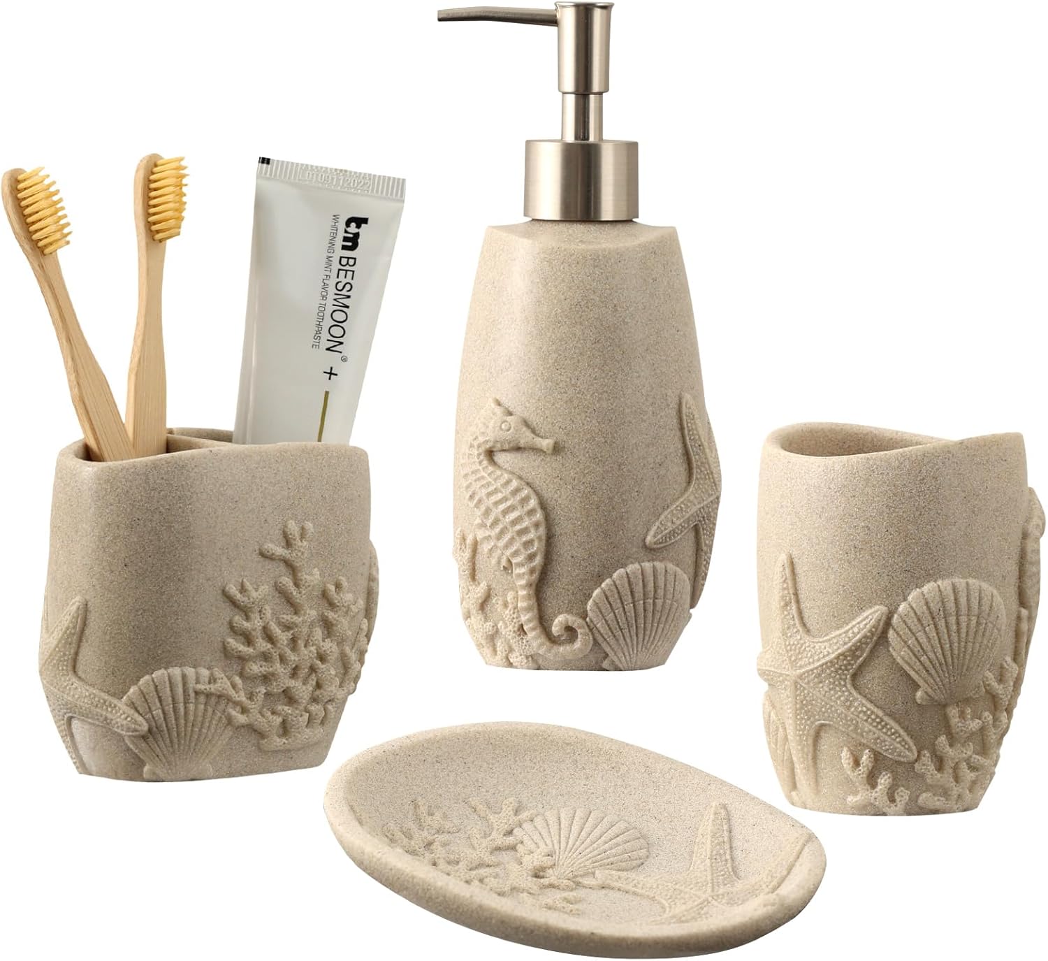 Haocoott 4PC Bathroom Accessory Set with Sea Decor Beige
