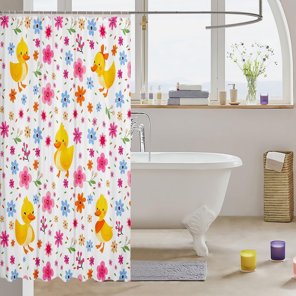 Erosebridal Girly Pink Floral Shower Curtain Set