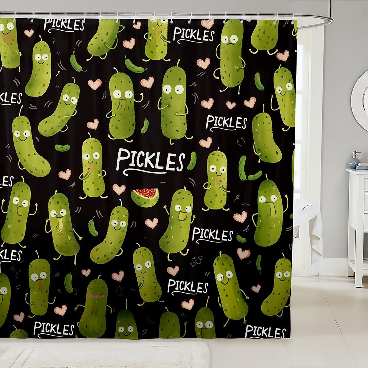 Pickle Pattern Shower Curtain Set Kawaii Cucumber Design 72x78