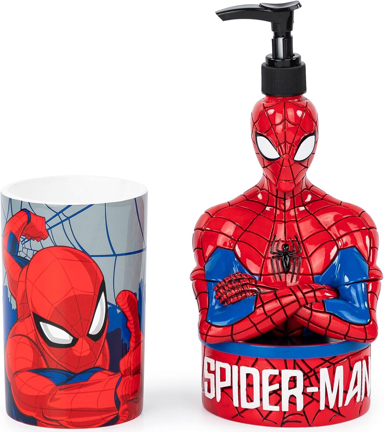 Jay Franco Marvel Spiderman 2 Piece Set - Red Blue Soap Dispenser Tumbler