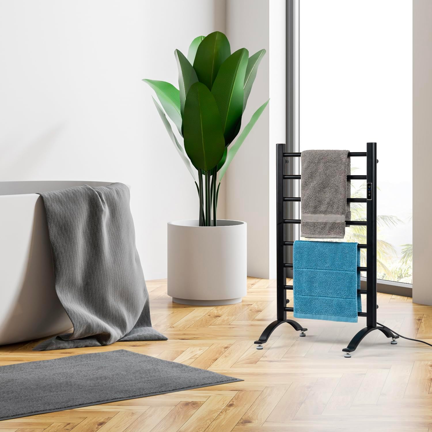 MyGift Hotel Series Matte Black Towel Warmer Rack with LED Control