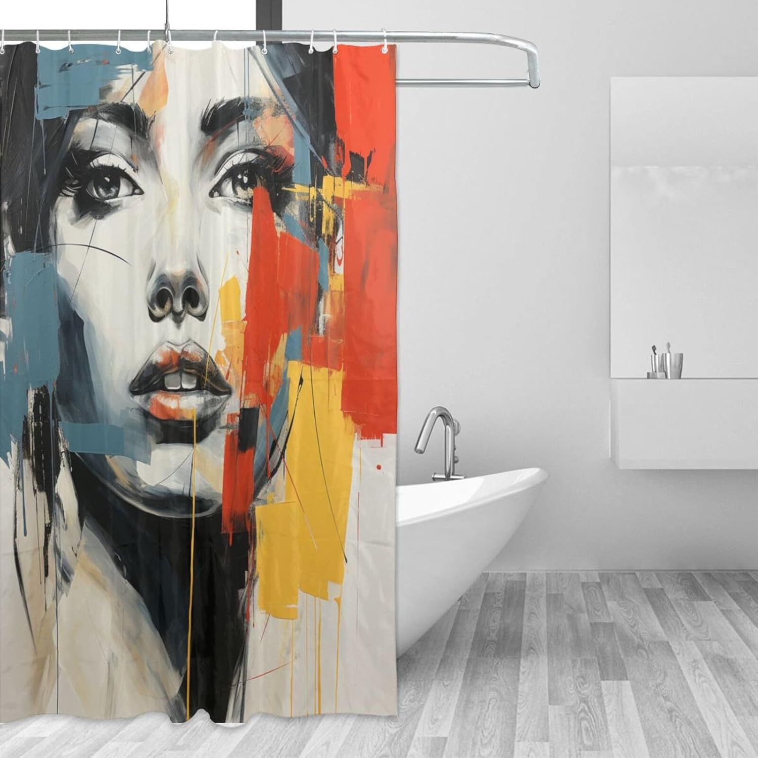 DAOWANGZUO Boho Red Yellow Blue Oil Painting Shower Curtain Set 72x72in