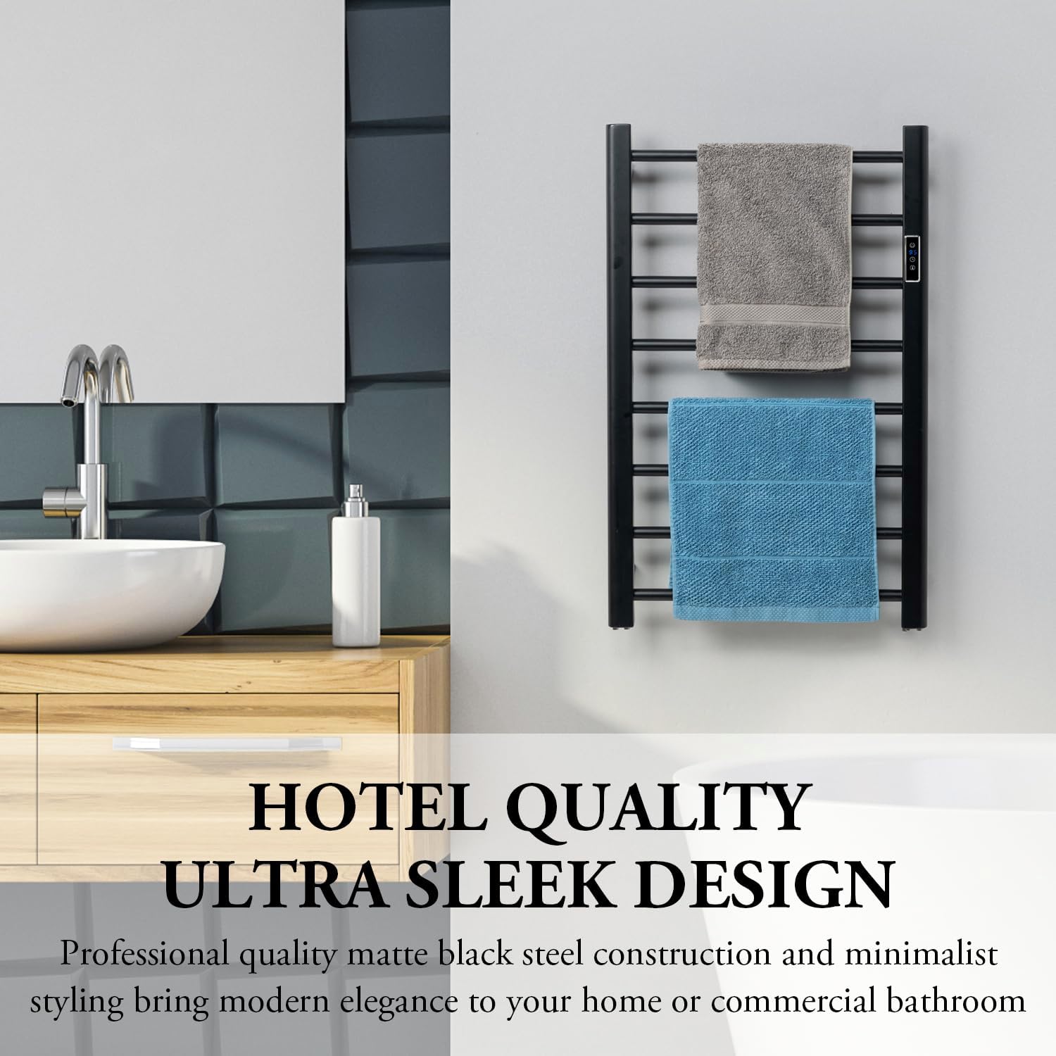 MyGift Hotel Series Matte Black Towel Warmer Rack with LED Control