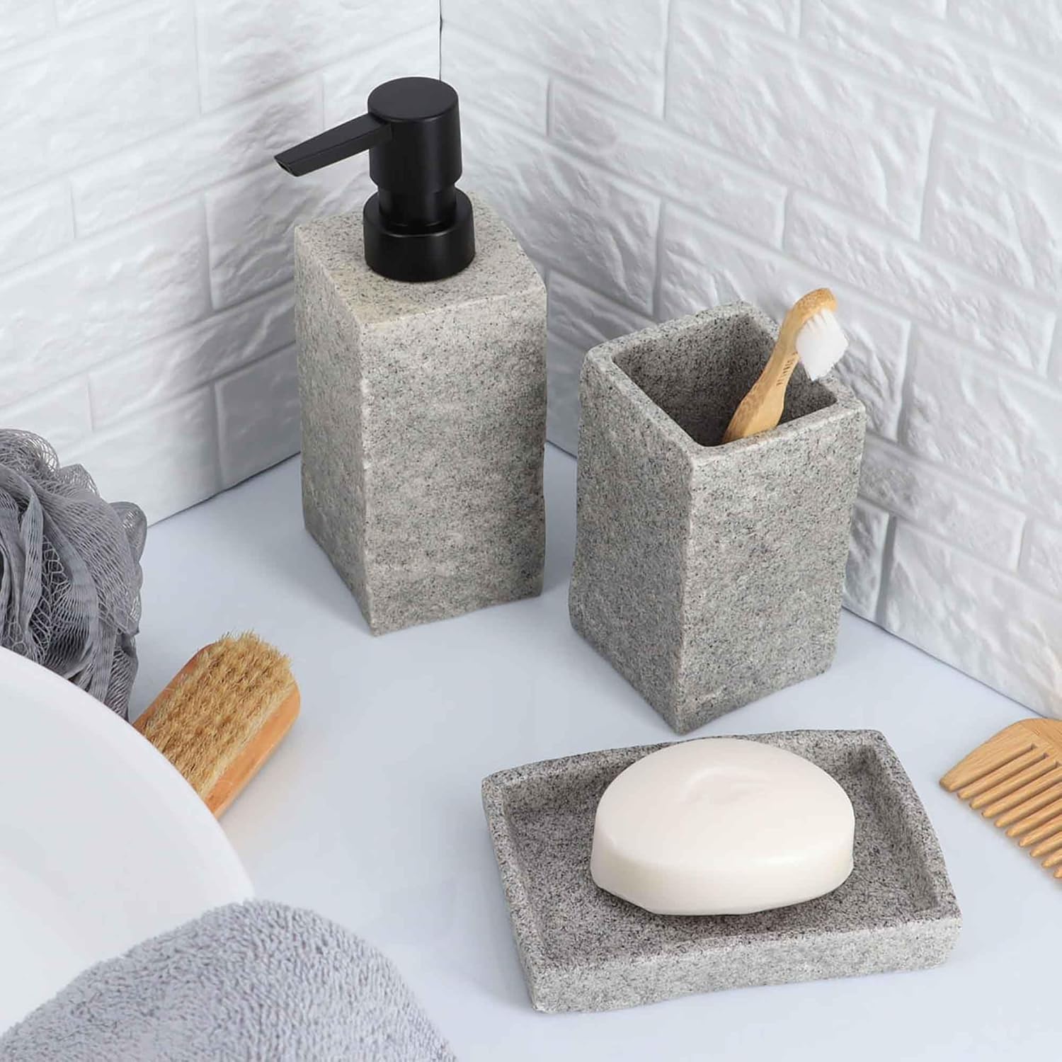 Square Resin Stone Effect Toothbrush Holder Gray