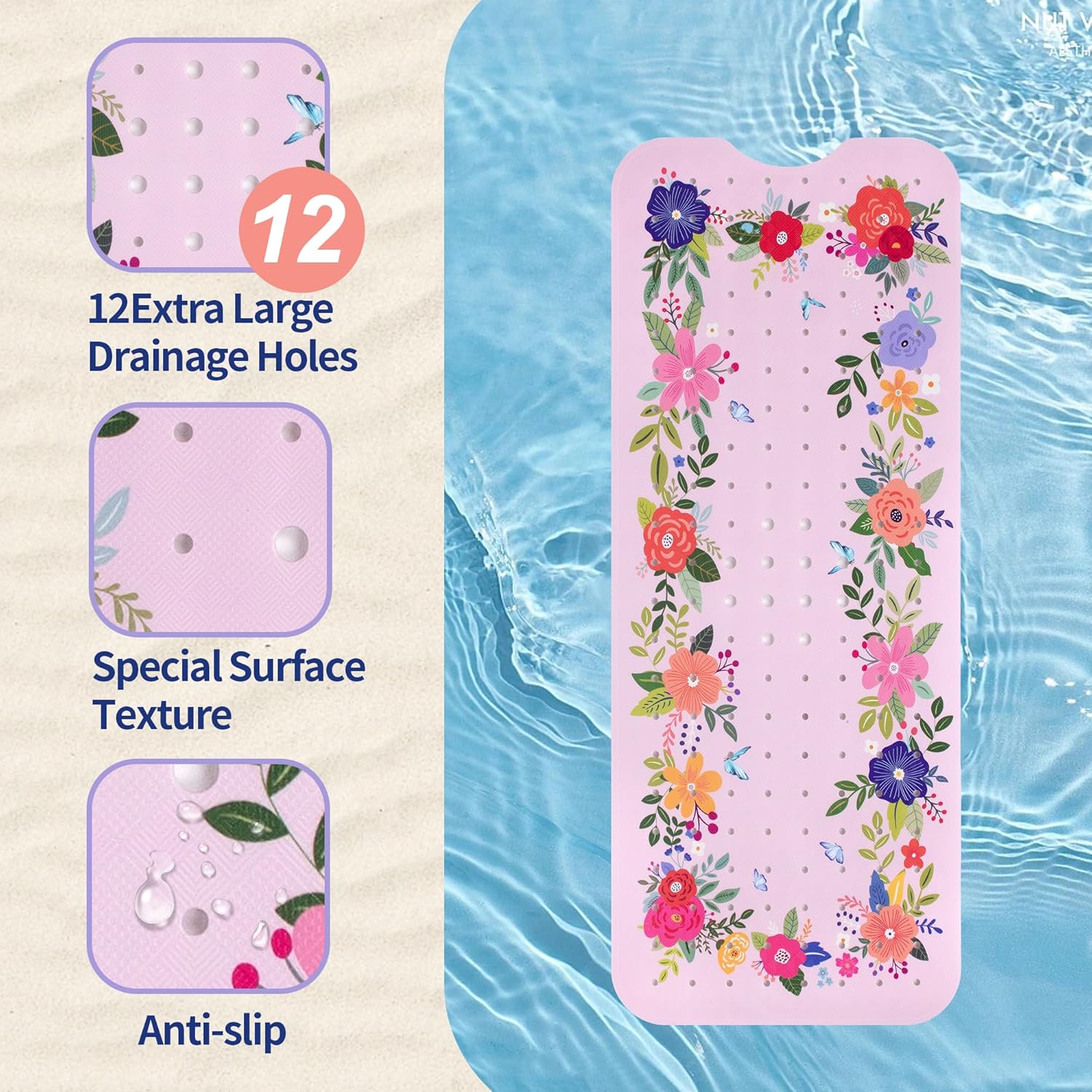 Denifeiya Pink Floral Non Slip Bathtub Mat for Kids