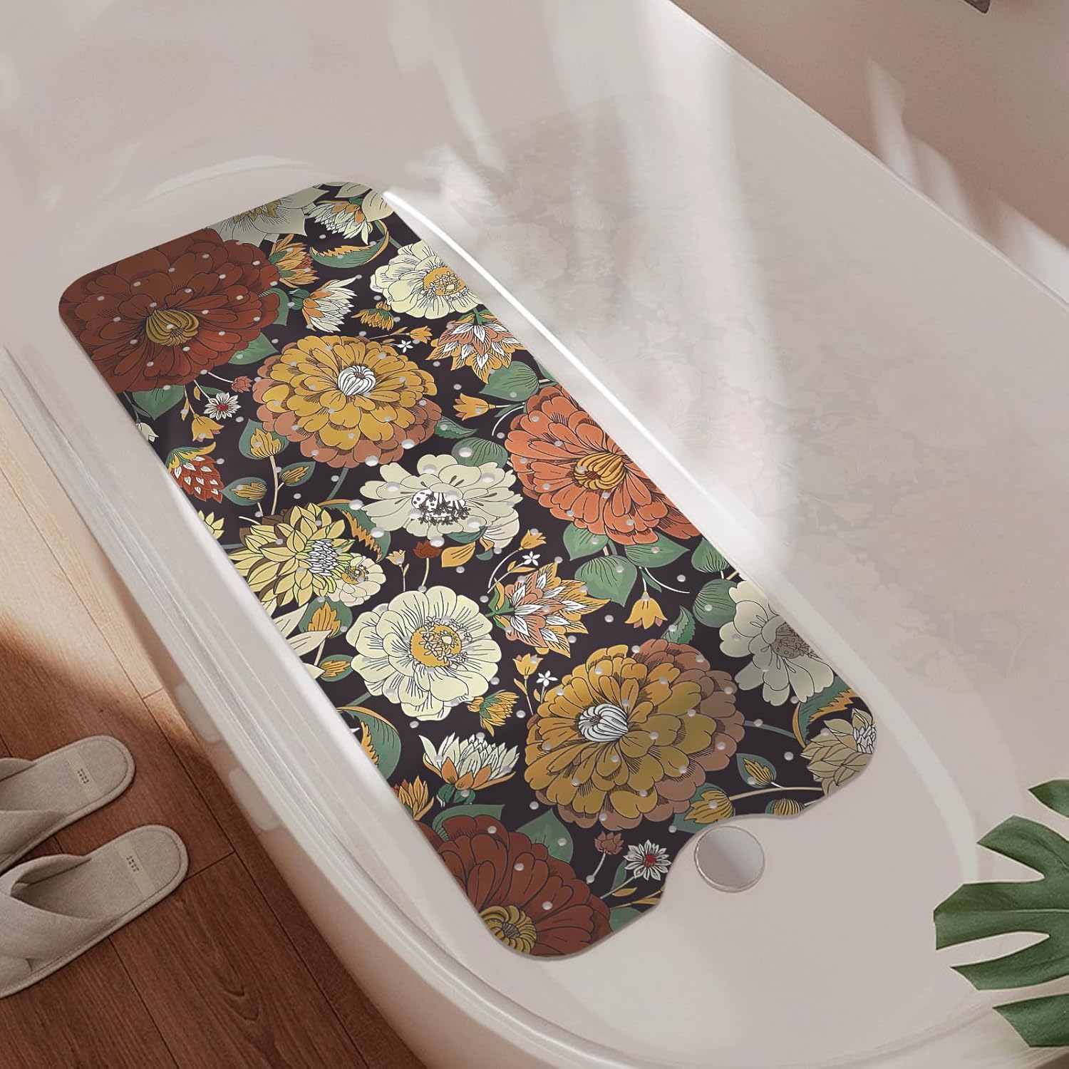 Bohemian Flower Bathtub Mat with Suction Cups and Drain Holes