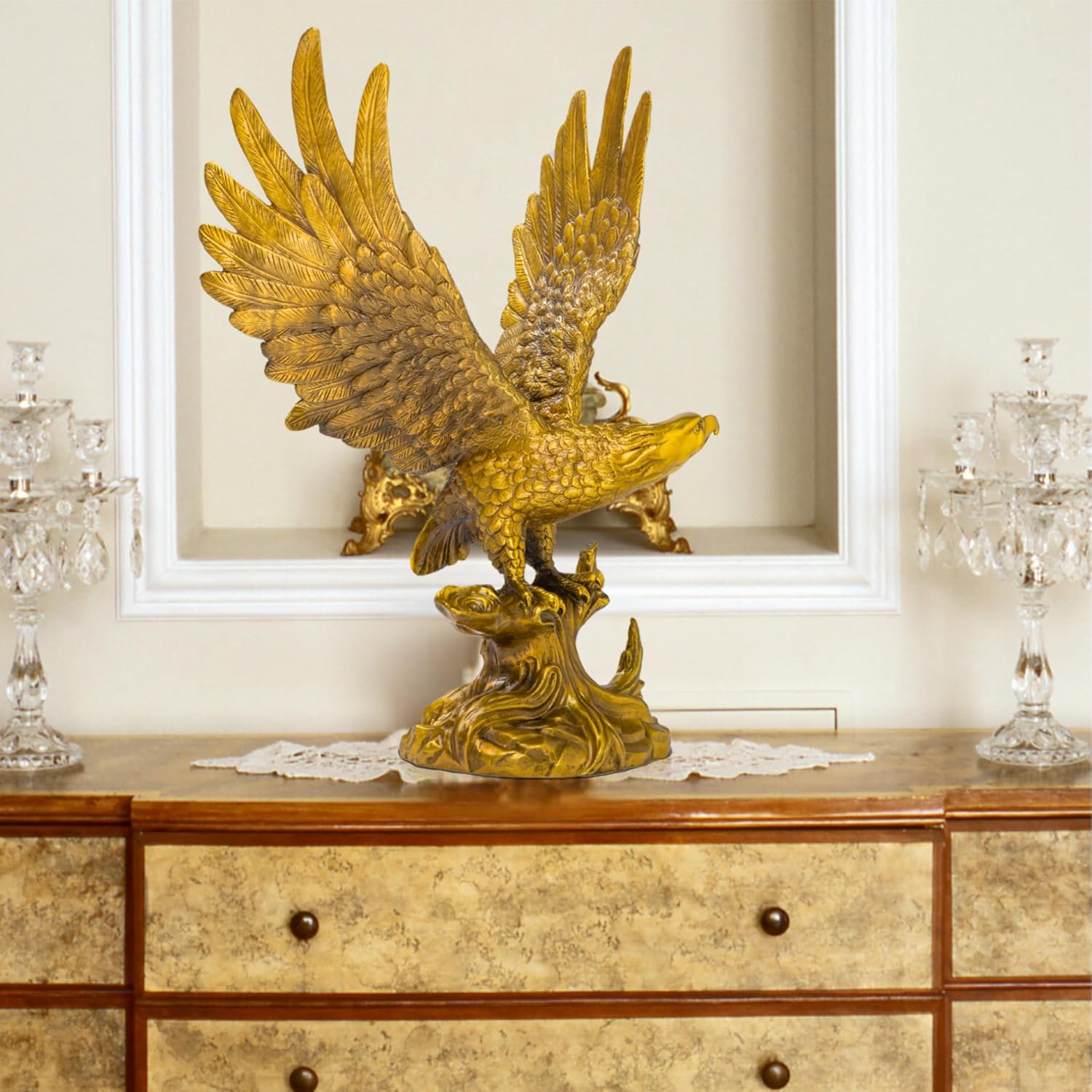 Golden Bronze Eagle Sculpture - 15-Inch Wildlife Art Statue