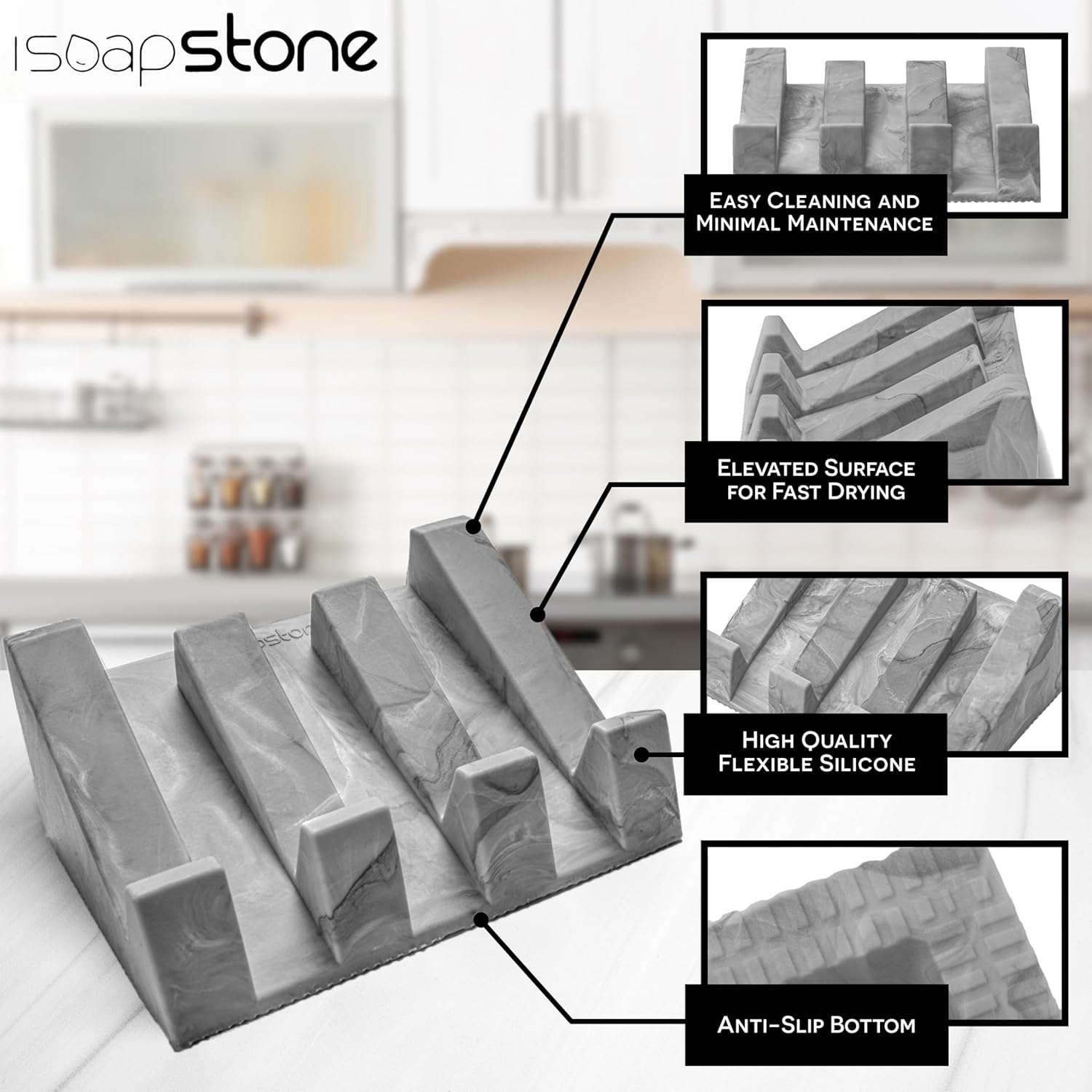 iSoapStone Silicone Soap Dish with Dark Marble Design