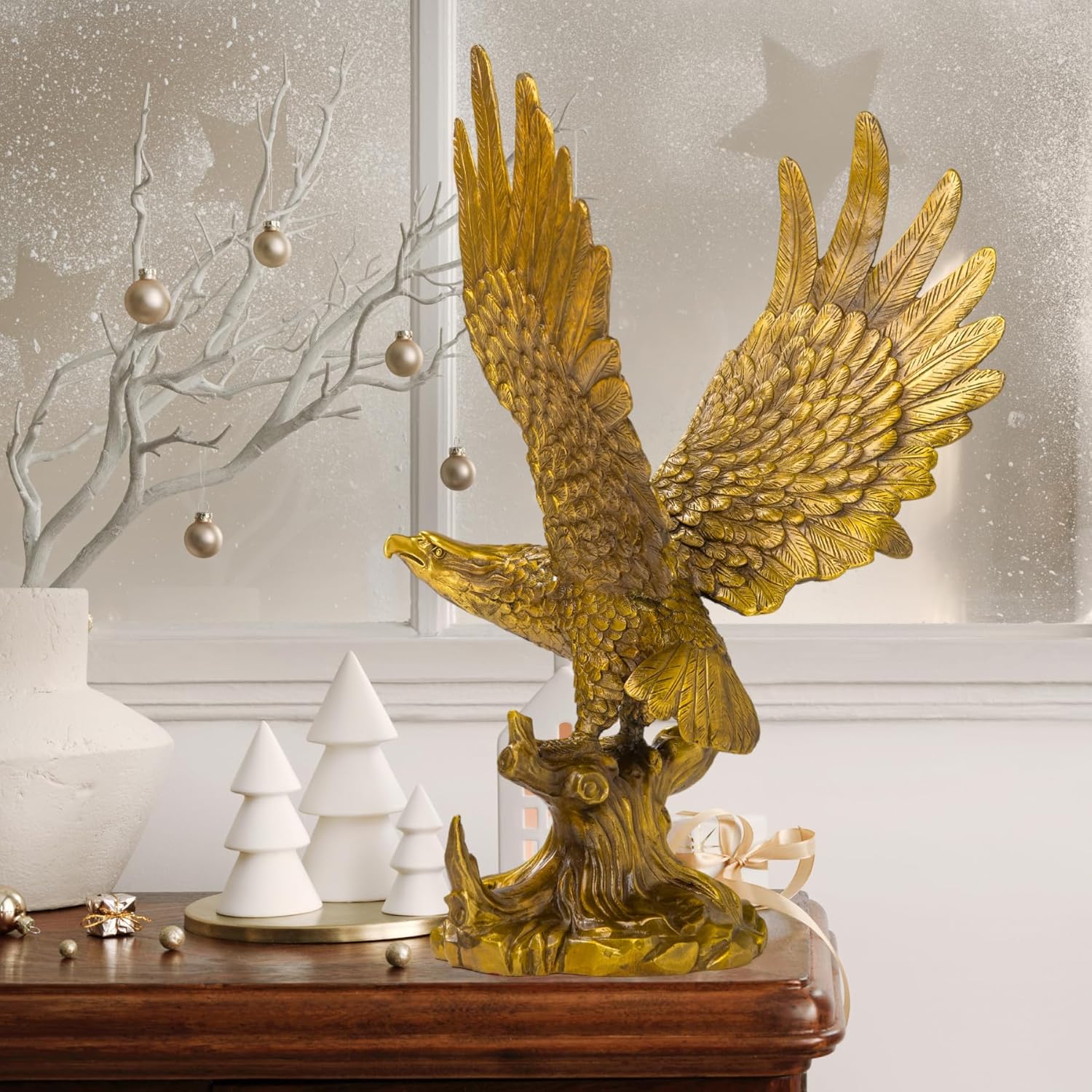 Golden Bronze Eagle Sculpture - 15-Inch Wildlife Art Statue