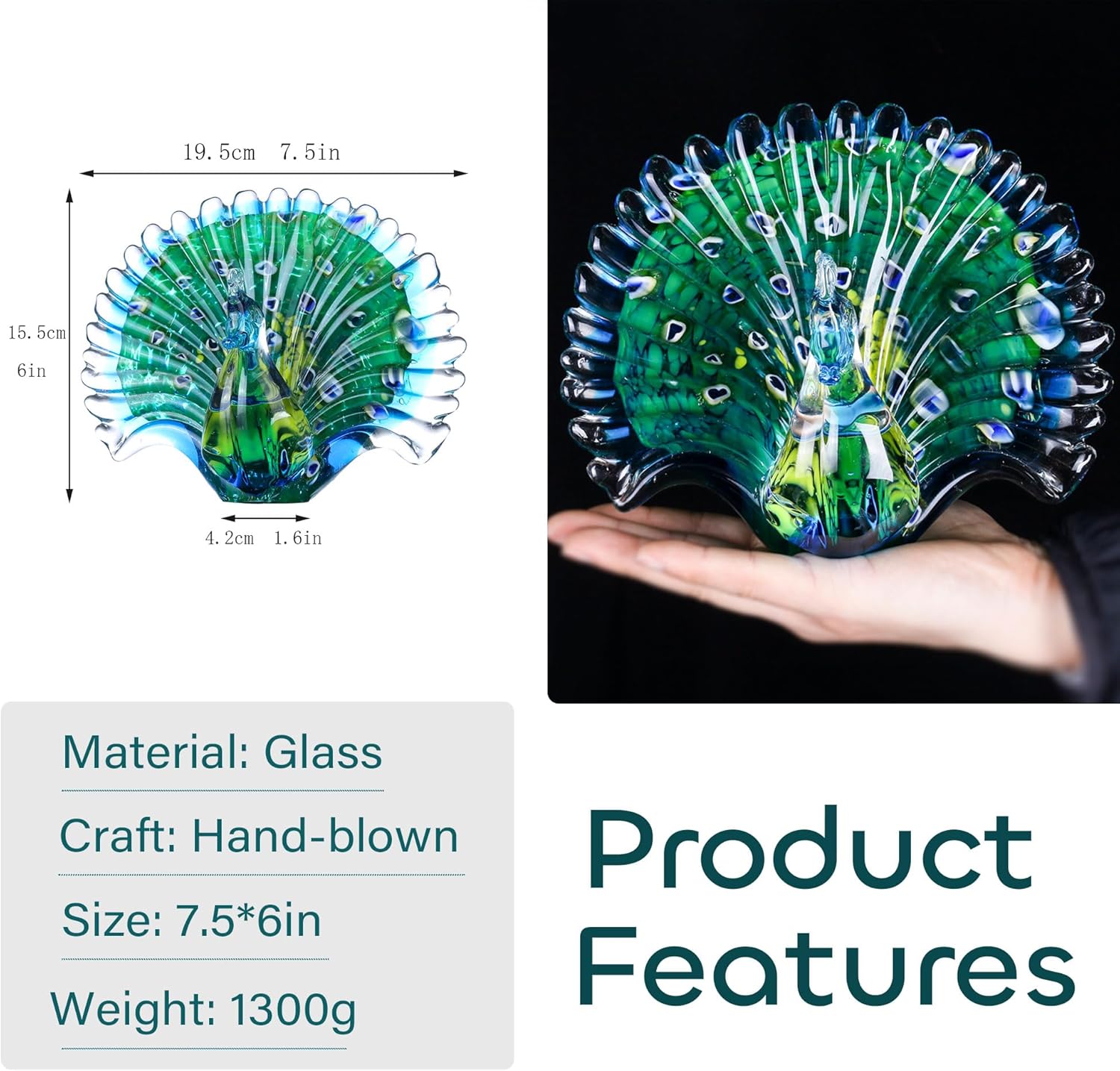 Crystalsuncatcher Peacock Art Glass Table Top Sculpture