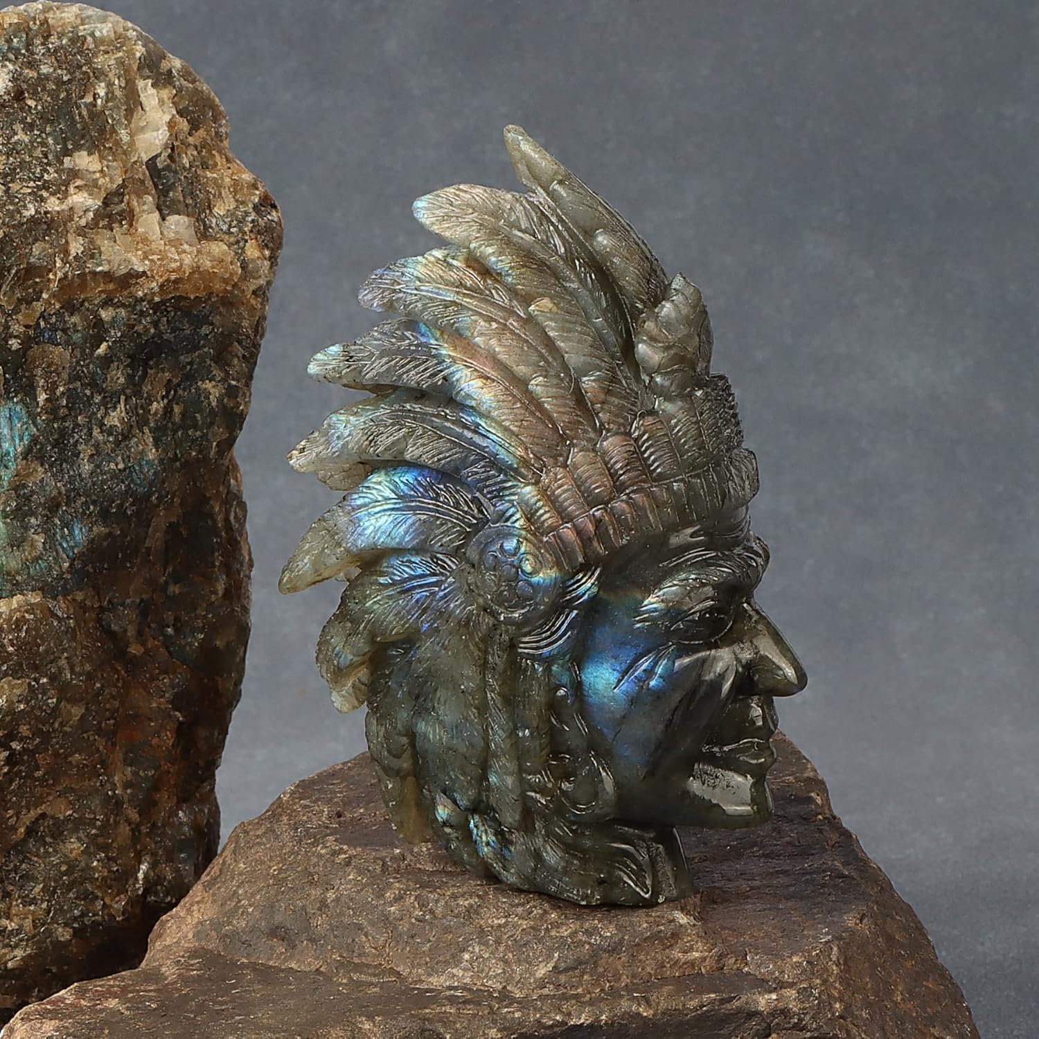Artistone Labradorite Crystal Indian Skull Statue Hand-Carved