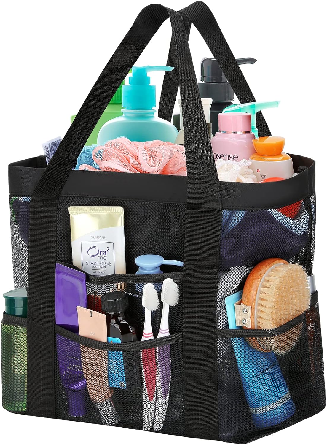 HAOGUAGUA Large Mesh Shower Caddy - 8 Side Pockets Durable Quick Drying Black