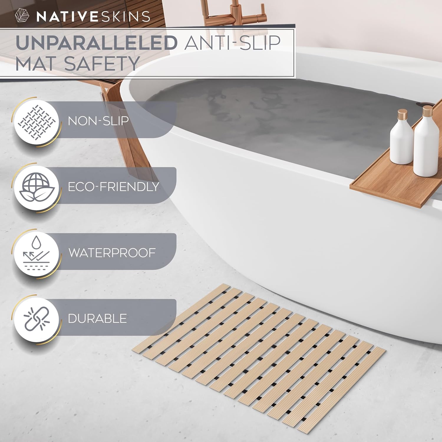 NativeSkins Faux Bamboo Bath Mat - Non-Slip Waterproof 169 x 307 in Teak