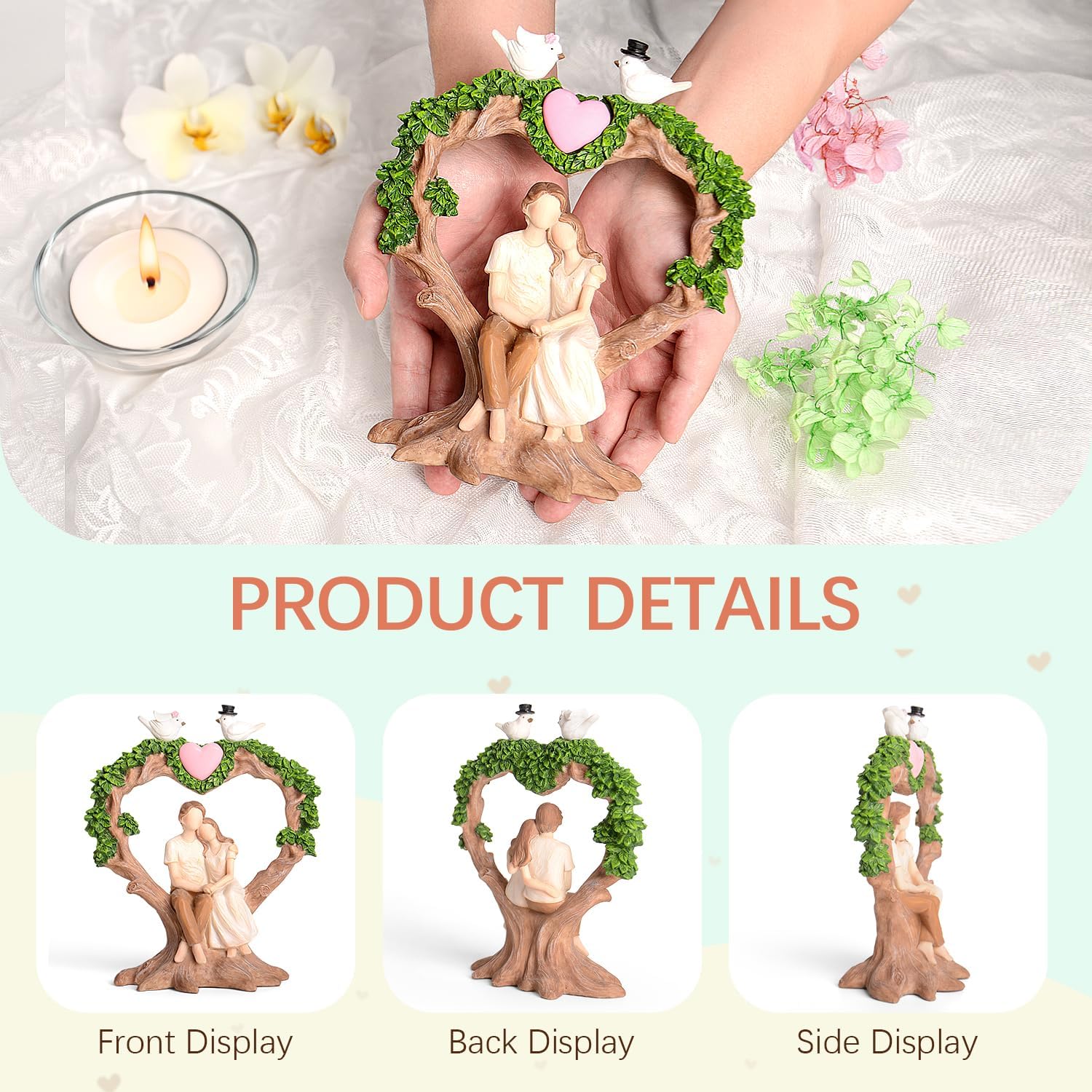 Romantic Couple Anniversary Figurine - Heart-Shaped Tree with Doves Resin Statue