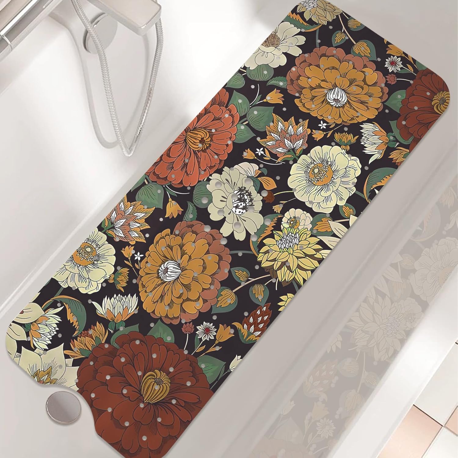 Bohemian Flower Bathtub Mat with Suction Cups and Drain Holes