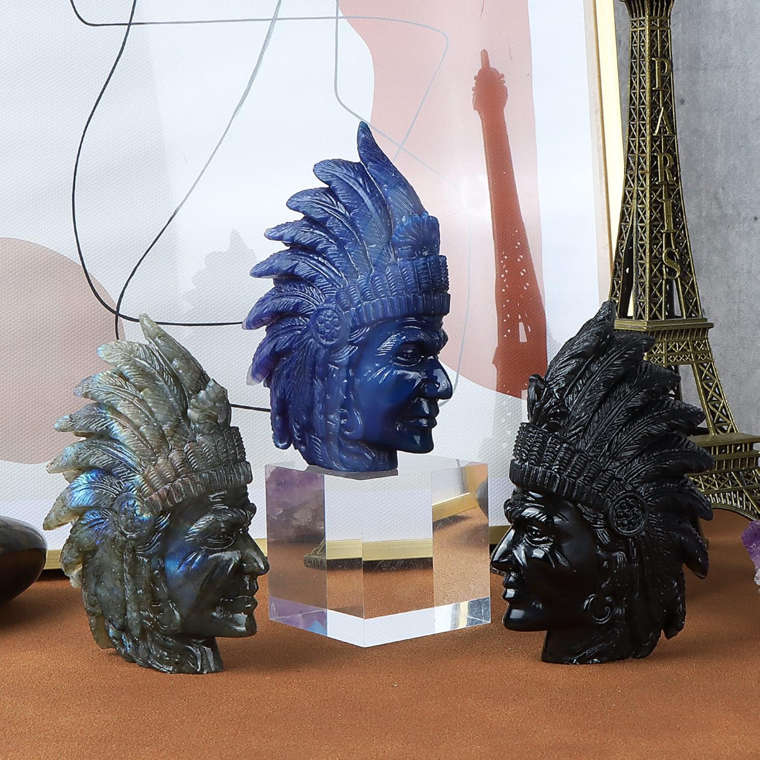 Artistone Labradorite Crystal Indian Skull Statue Hand-Carved