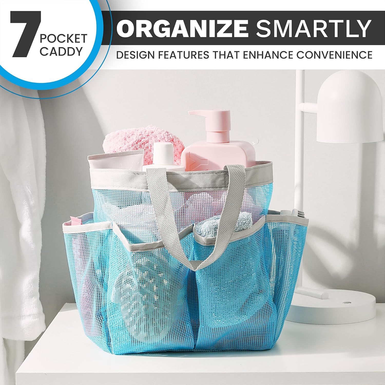 Handy Laundry Mesh Shower Caddy Bag - 7 Pockets Blue