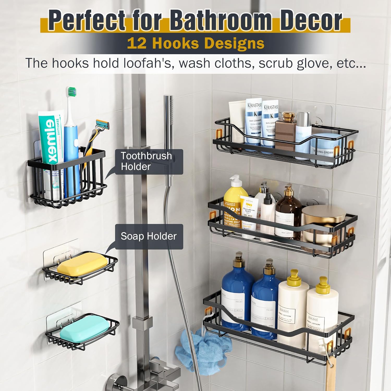 OMAIRA 6-Pack Shower Caddy Organizer Set with Hooks and Storage