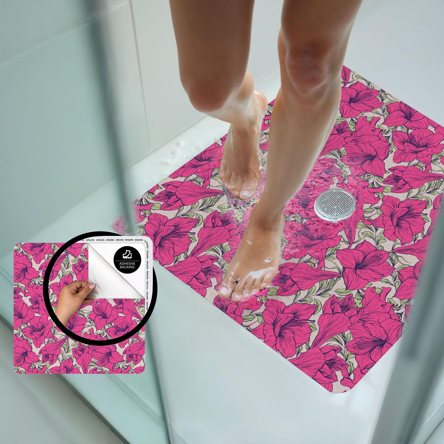 SafetyMat Non Slip Shower Mat 24x24 Pink Floral