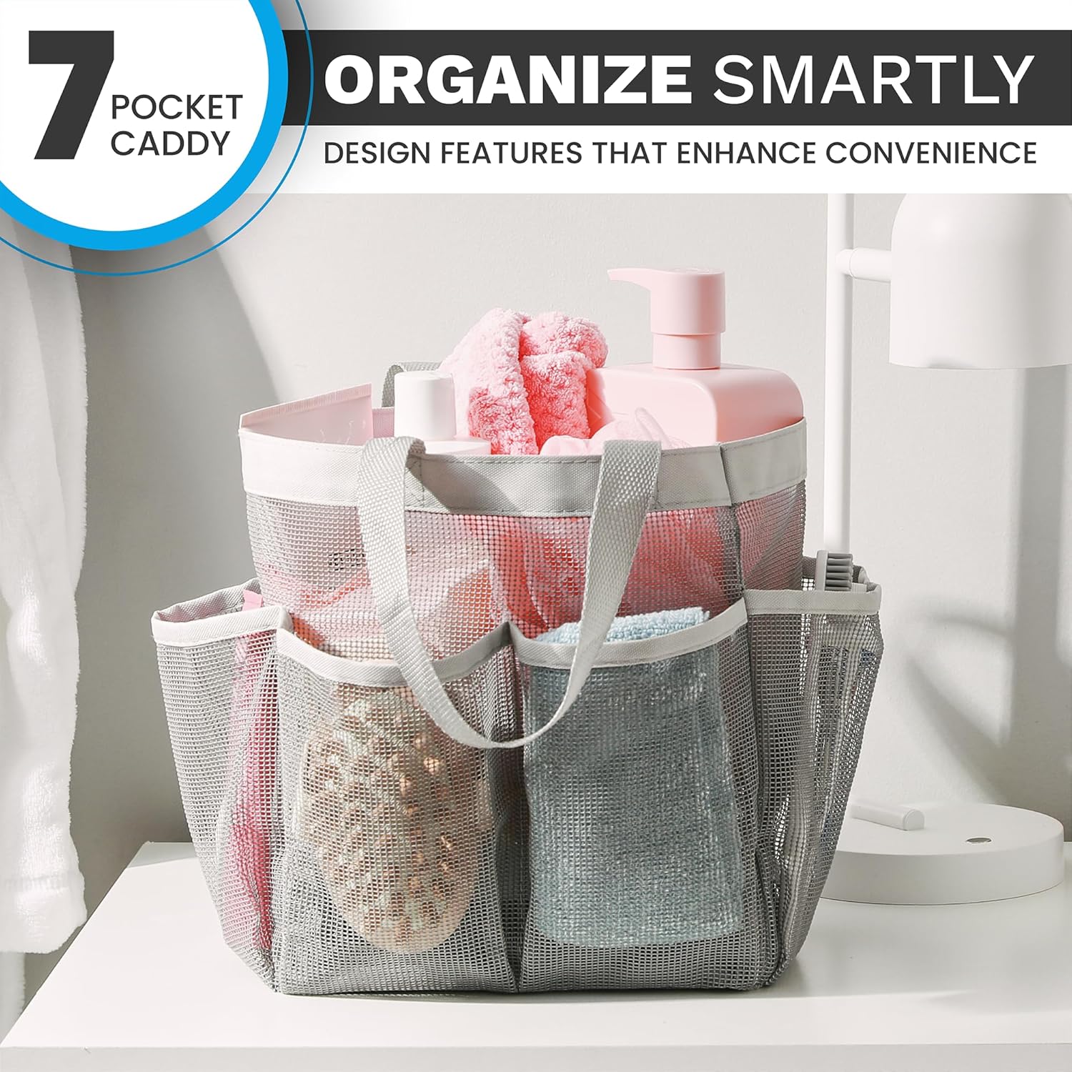 Handy Laundry Mesh Shower Caddy Bag - 7 Pockets Grey
