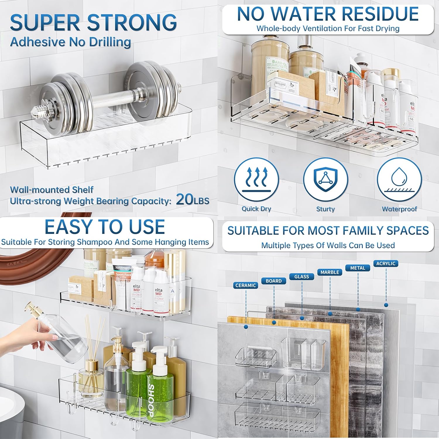 SuoXing 5-Pack Adhesive Shower Caddy with 6 Hooks