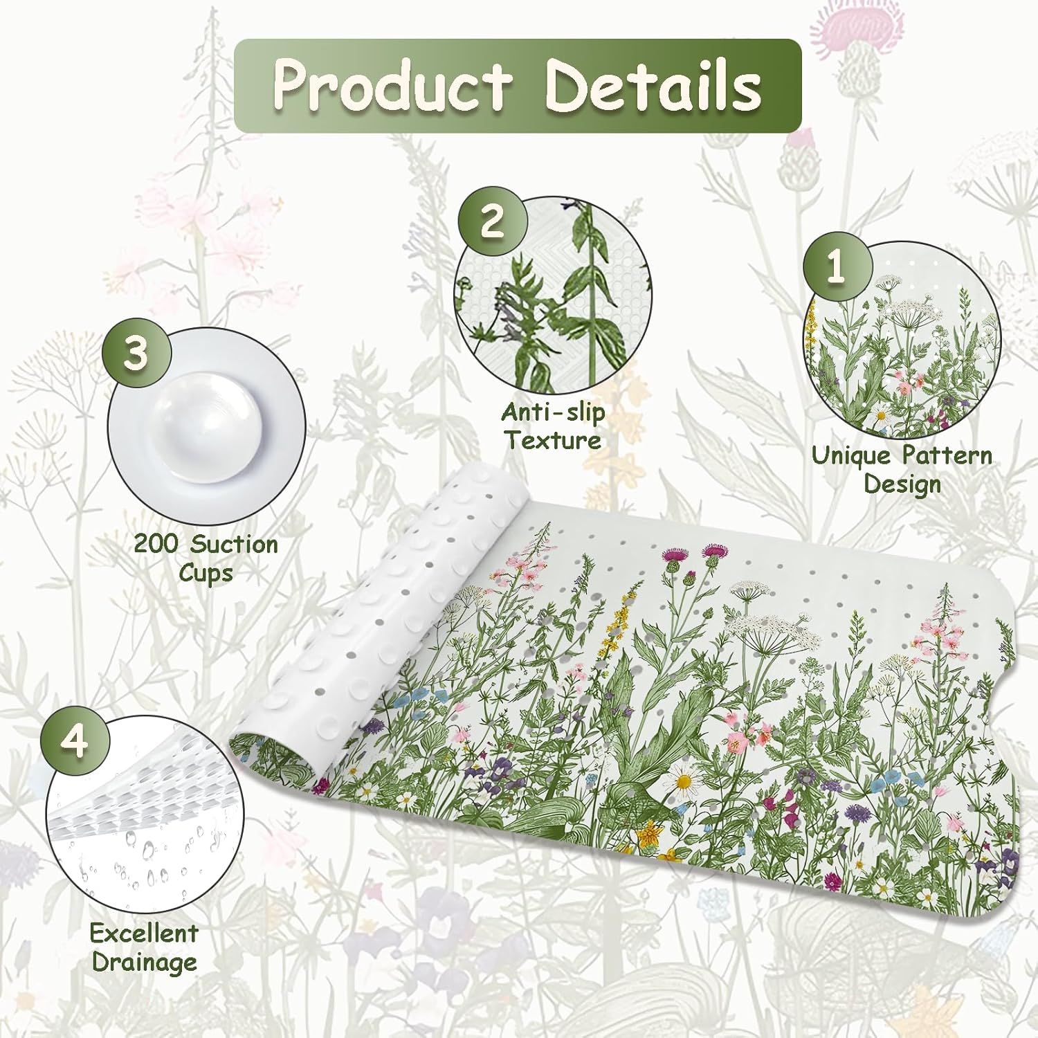 Non Slip Flower Bathtub Mat with Suction Cups 40x16 Inch