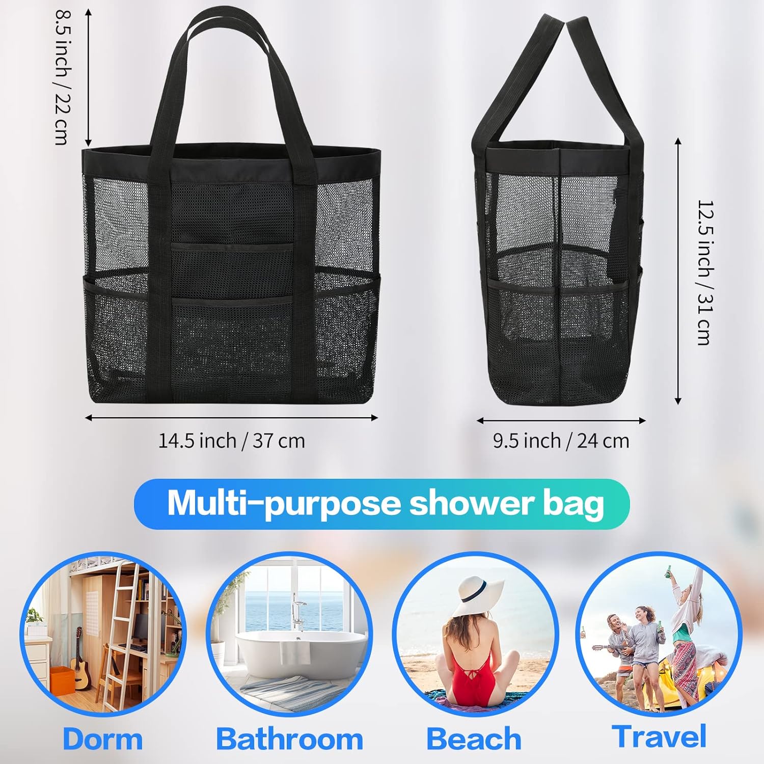 HAOGUAGUA Large Mesh Shower Caddy - 8 Side Pockets Durable Quick Drying Black