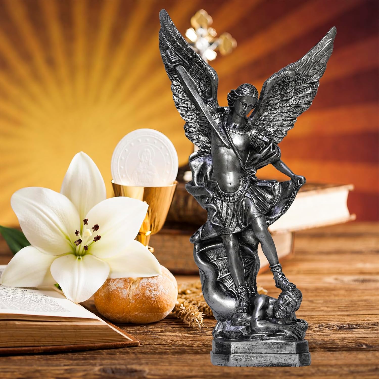 125in St Michael Statue Religious Sculpture Silver Bronze Resin