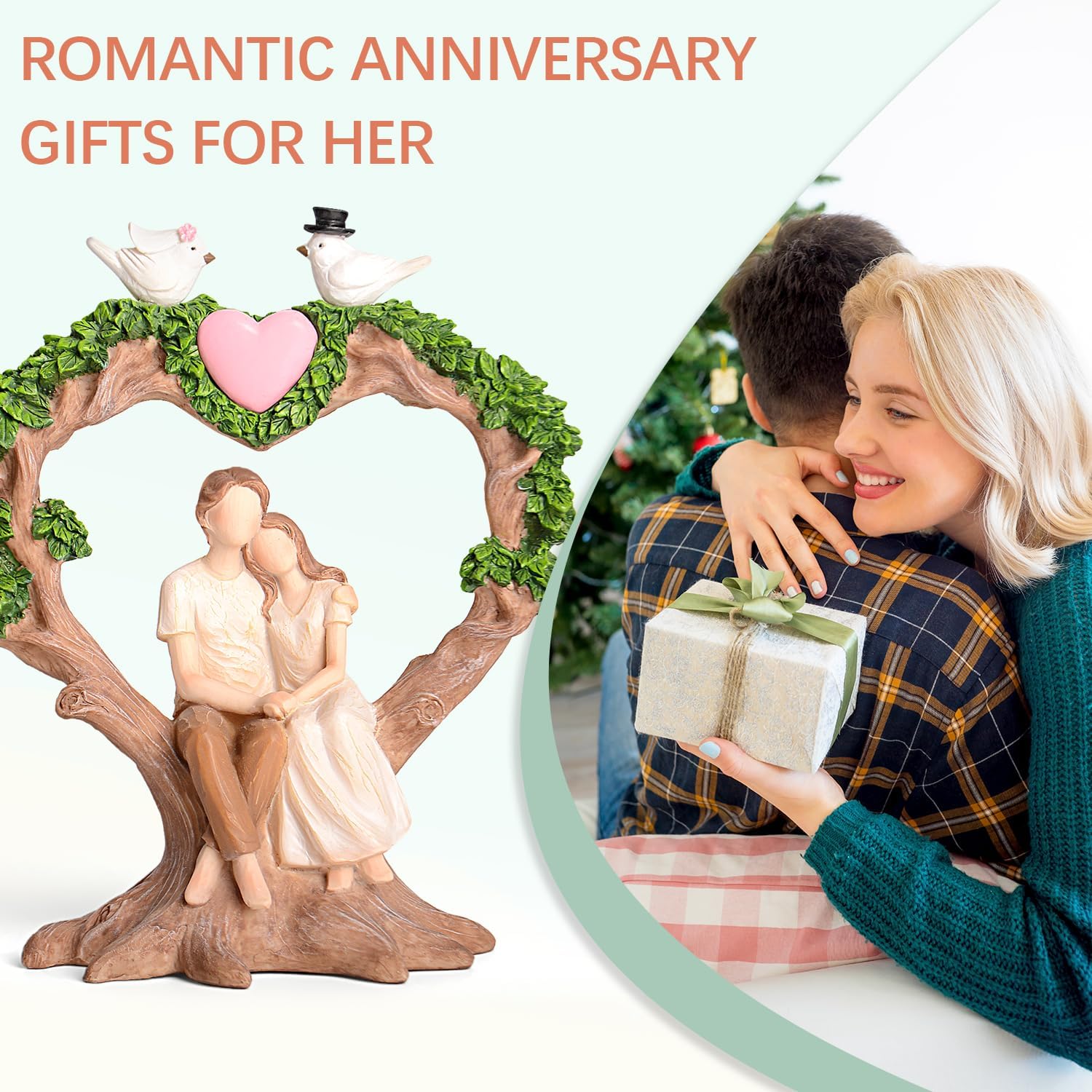 Romantic Couple Anniversary Figurine - Heart-Shaped Tree with Doves Resin Statue