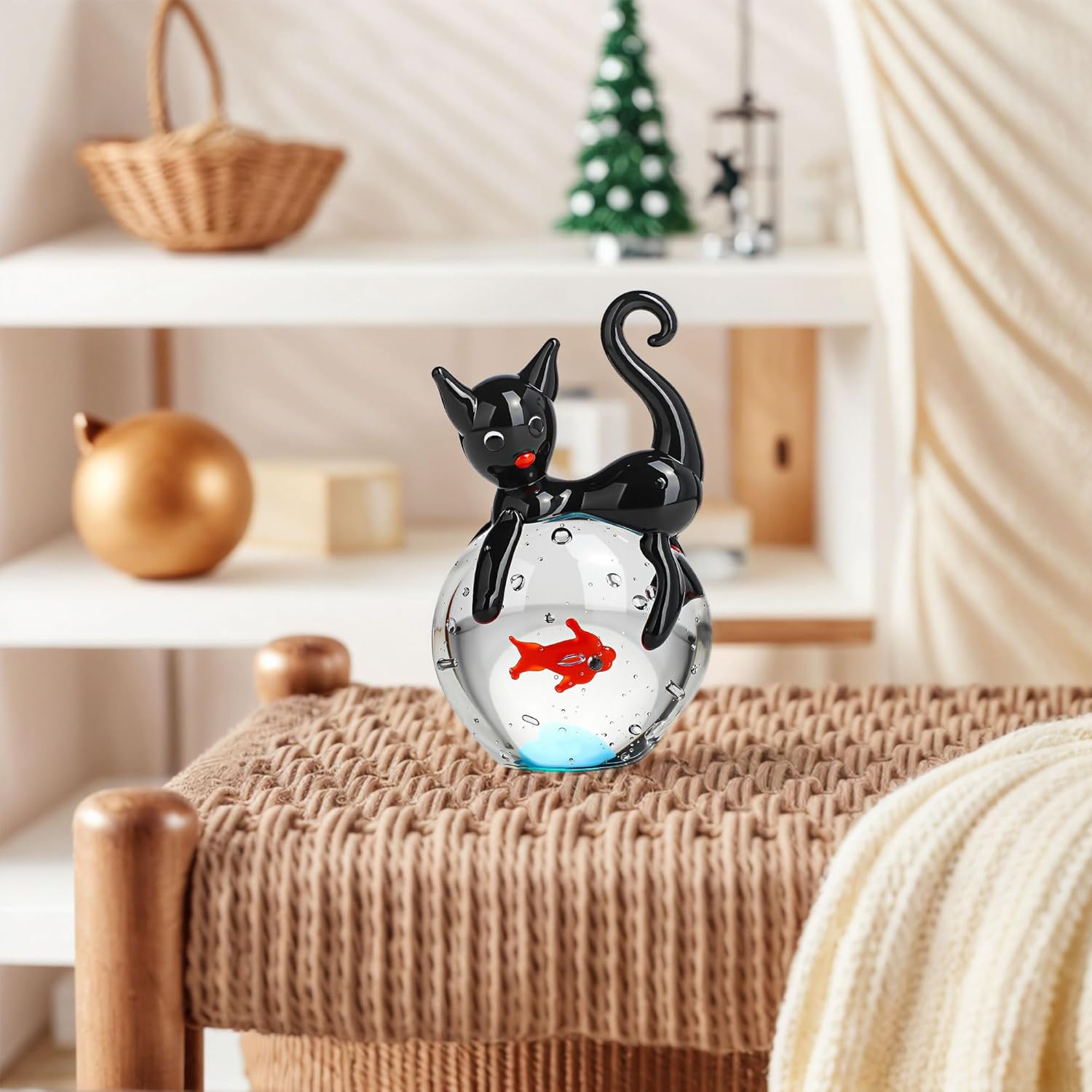 QFkris Hand Blown Glass Black Cat Figurine