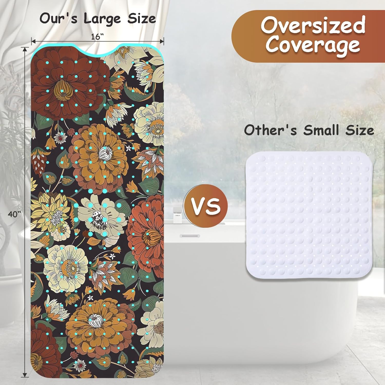 Bohemian Flower Bathtub Mat with Suction Cups and Drain Holes