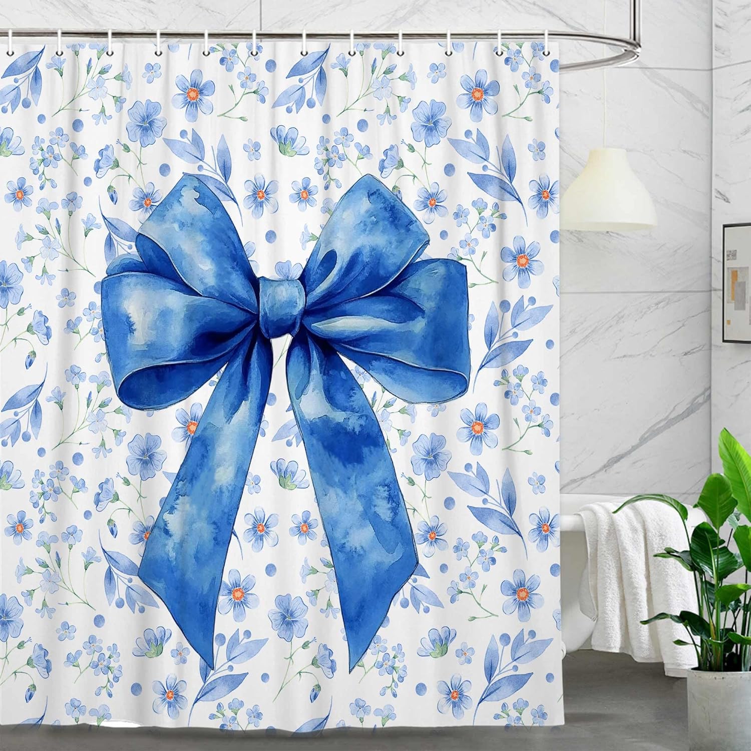 Blue Bow Shower Curtain Set 72x72in