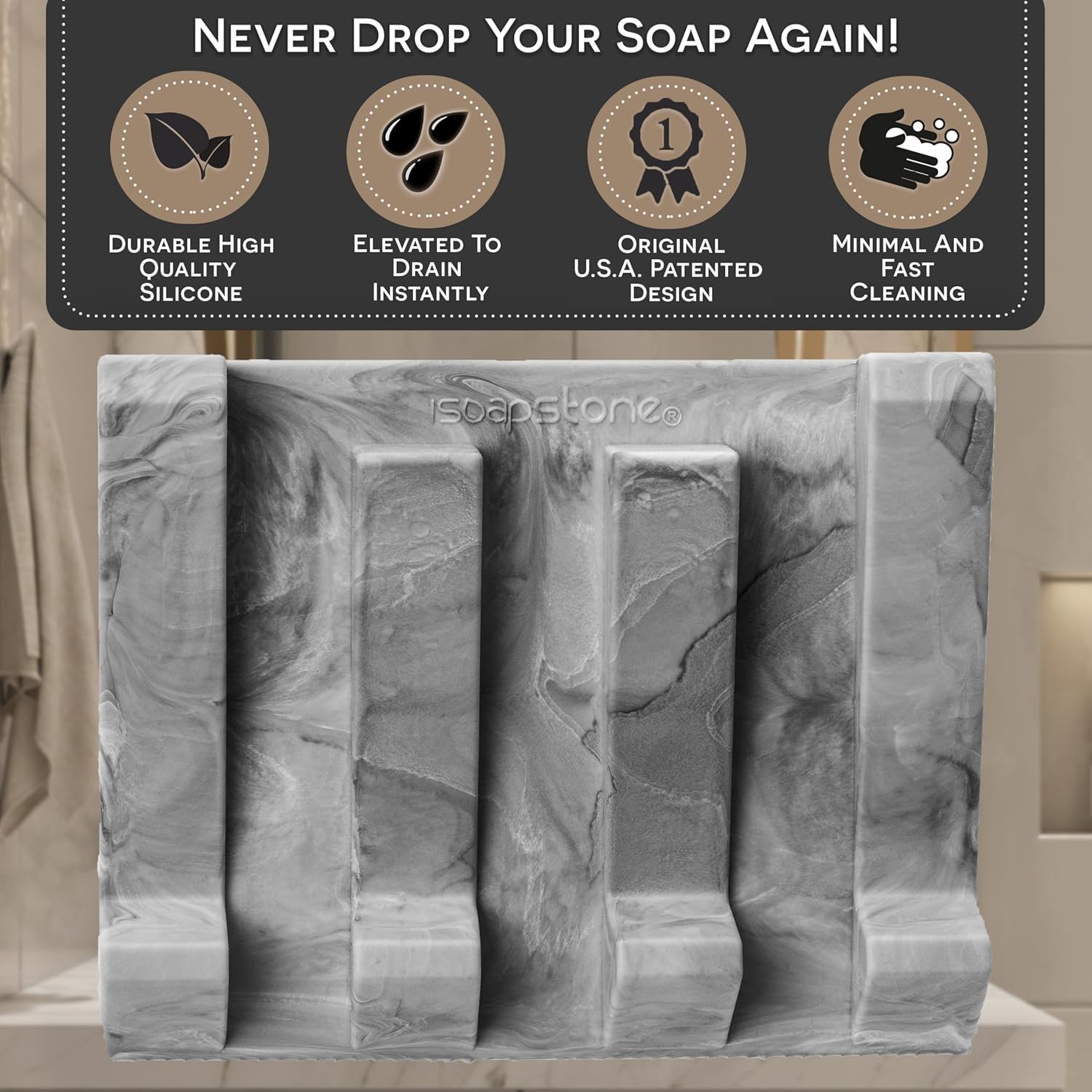 iSoapStone Silicone Soap Dish with Dark Marble Design