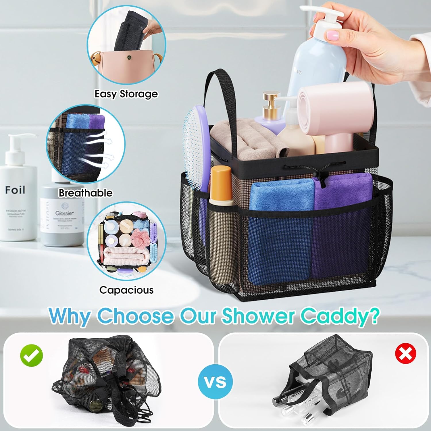 SmartTrends Large Mesh Shower Caddy with Drawstring - 1 Compartment 7 Pockets Black