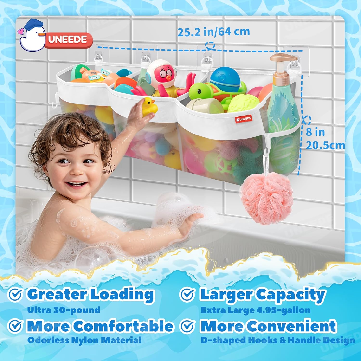 UNEEDE 495 Gallon 3 Compartment Bath Toy Storage Organizer