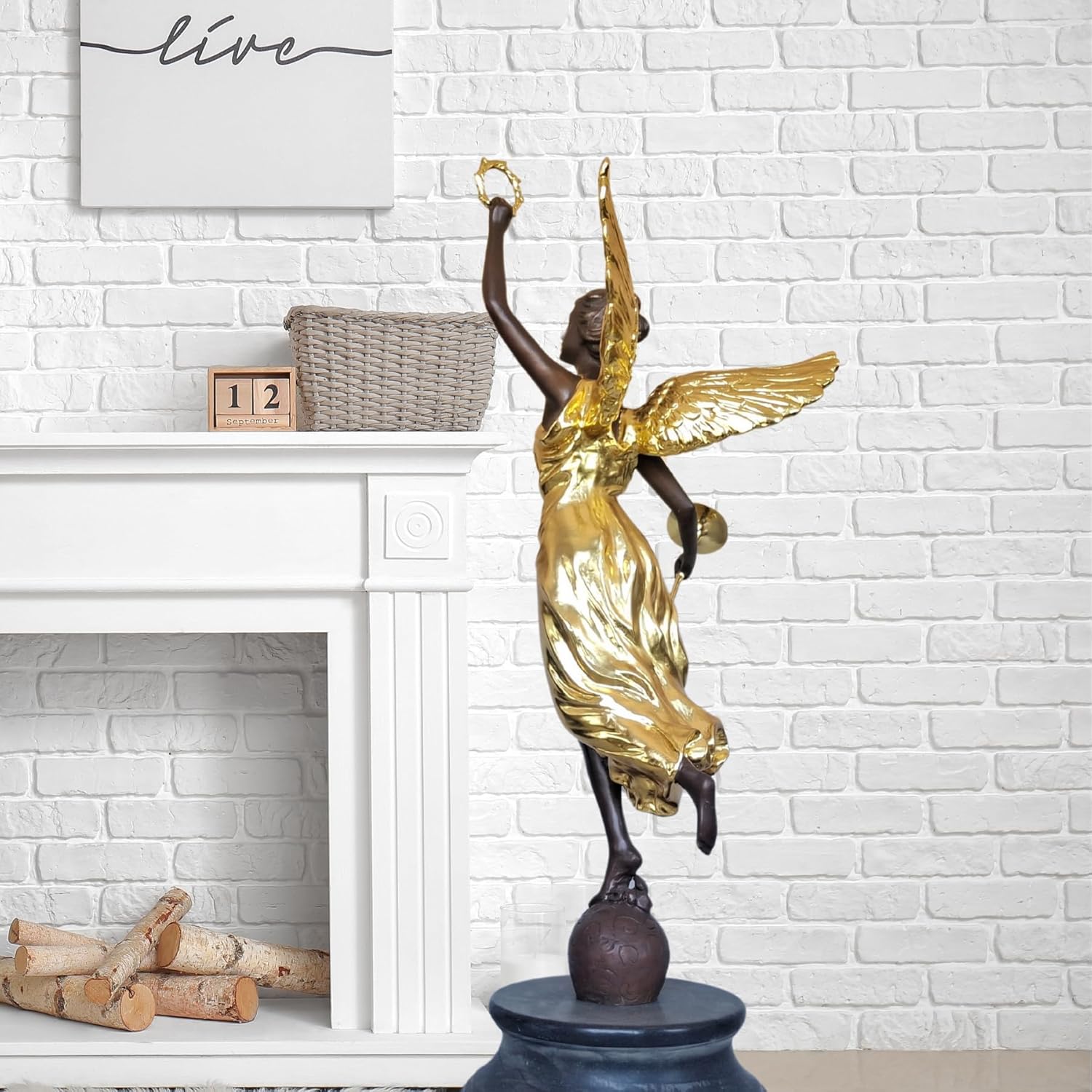 Large Gilded Bronze Angel with Trumpet and Laurel Wreath Sculpture