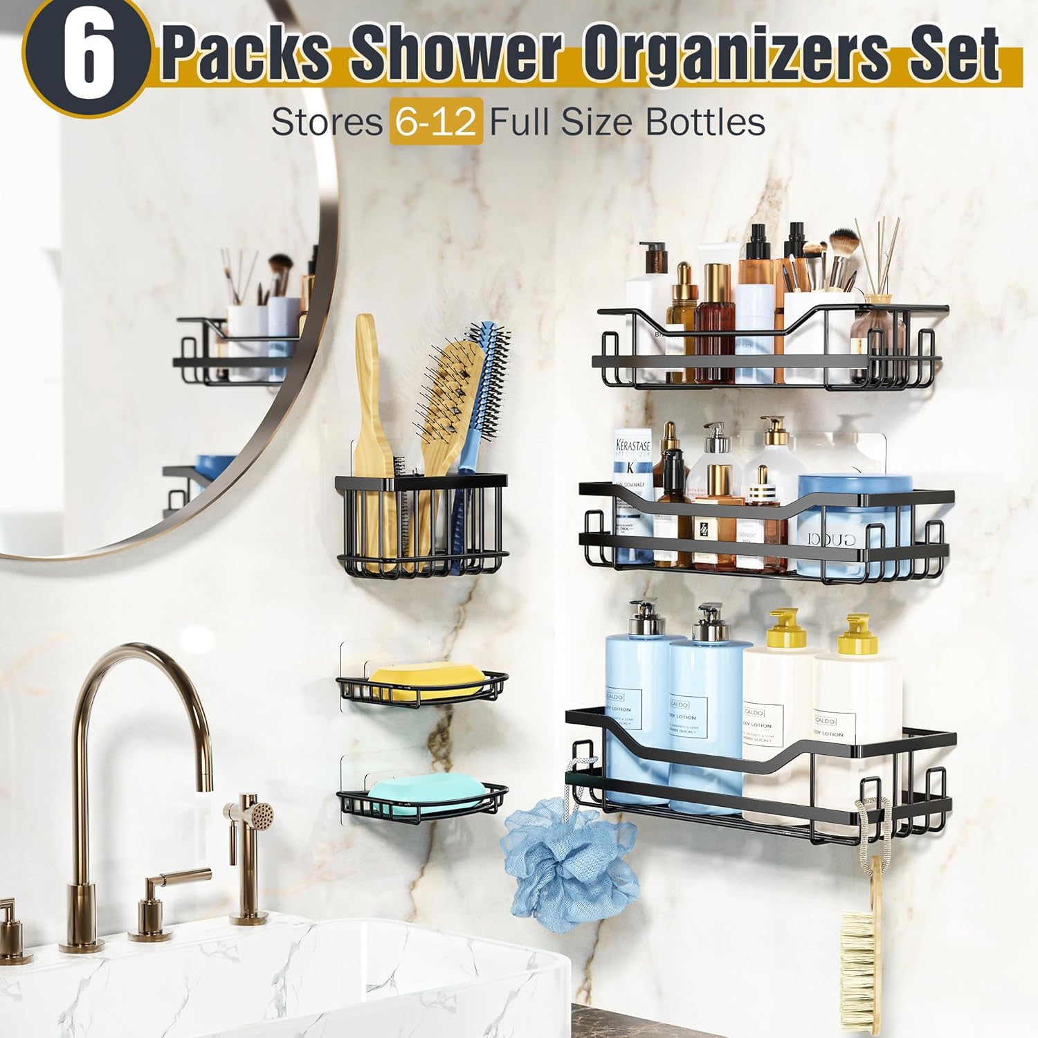 OMAIRA 6-Pack Shower Caddy Organizer Set with Hooks and Storage