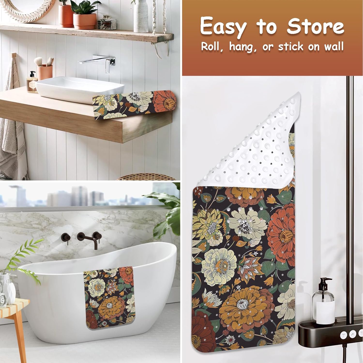 Bohemian Flower Bathtub Mat with Suction Cups and Drain Holes
